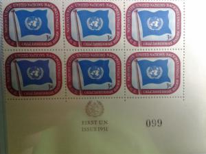 UNITED NATIONS SCOTT # 4  PLATE BLOCK  OF 6 MNH FIRST ISSUE 1951 W/PLATE # 099 !