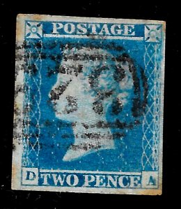 GB QV, 1841, SG 14, 2d Blue, Plate 4, DA,  4 MARGIN,  V Good USED