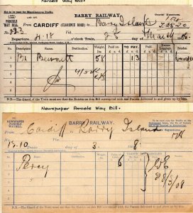 GB Wales BARRY RAILWAY Way Bills{2} Cardiff 1908 *Barry Island* {samwells} RL89 