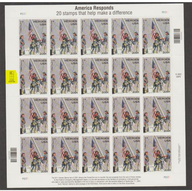 U.S. Scott #B2 September 11 Stamp - Highlighted UL #P2222 Plate - Mint NH Sheet