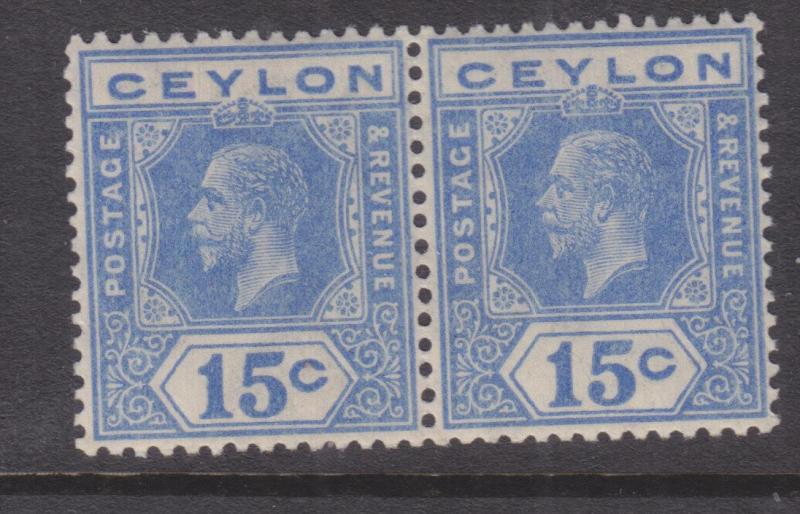 CEYLON, 1922 KGV, Script CA, Die I, 15c. Ultramarine, pair, lhm.