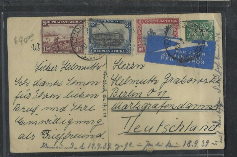 SOUTH WEST AFRICA COVER (P0405B) 1939 DEER 1/2D PSC+TRAIN 1 1/D+1D+3D A/M TO GE 