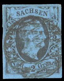 German States, Saxony #6 Cat$55, 1852 2ng black on dark blue, used