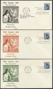 1958 #376 International Geophysical Year FDC Set of Three H&E Cachets Ottawa