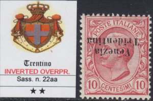 ITALY - Trentino - Sassone n.22aa MNH** cv 1050$ Inverted Overprint  Certificate