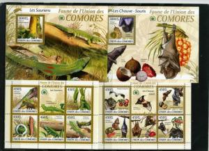 COMORO ISLANDS 2009 LIZARDS & BATS 2 SHEETS OF 5 STAMPS & 2 S/S MNH 