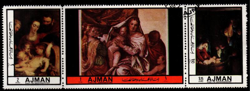 Ajman - Cancelled Strip of 3 Stampworld.com #2686-8 (Religious Paintings)