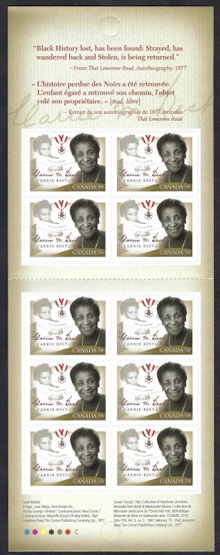 Canada #2433a 59¢ Black History Month - Carrie Best (2011). Booklet of 10. MNH