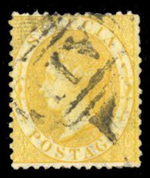St. Lucia #8 Cat$50, 1864 4p yellow, used, short perf.