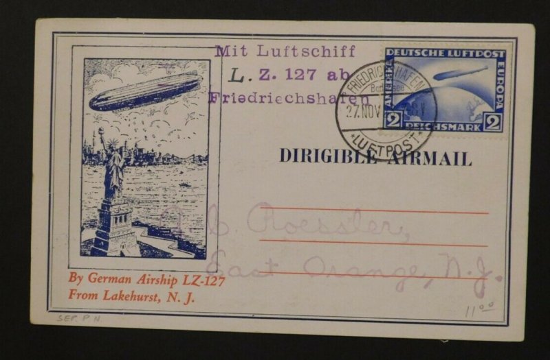 1928 Germany Graf Zeppelin LZ 127 Stamp Postcard Cover To AC Roessler NJ USA