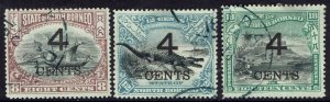 NORTH BORNEO 1899 LARGE 4 CENTS OVERPRINTED 8C 12C AND 18C USED