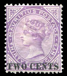 Mauritius #83 (SG 116) Cat£160, 1885 2c on 38c violet, hinge remnant