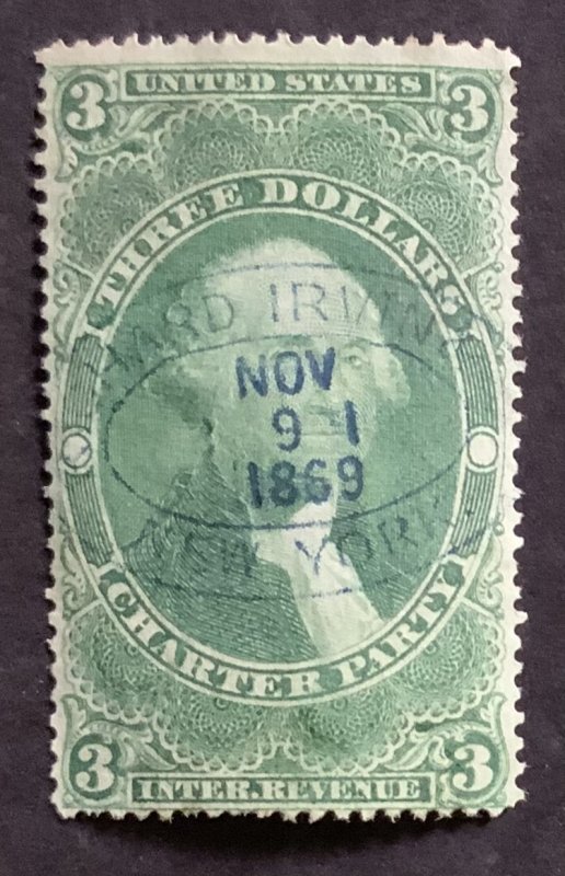 USA REVENUE STAMP 1862-1871 $3 CHARTER PARTY SCOTT # R85c