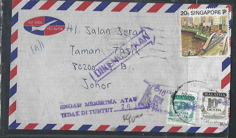 MALAYSIA COVER (PP0811B) 1993 INCOMING FROM SINGAPORE POSTAGE DUE 10C+50C RETURN