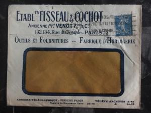 1924 Paris FraNce Commercial Cover Perfin Stamp Fisseau & Cochot Clock Company