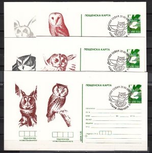 Bulgaria, DEC/92. Owls Cachets & Cancels on 6 Postal Cards..