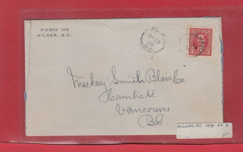 MILNER B.C. 1938 Mufti issue Canada cover split ring