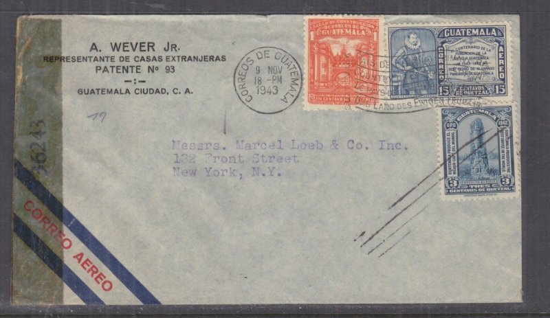 GUATEMALA,1943 censored airmail cover, Guatemala City to USA, 1c., 3c., 15c.