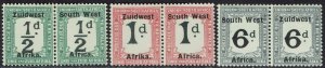 SOUTH WEST AFRICA 1923 POSTAGE DUE ½D 1D AND 6D PAIRS SETTING IV