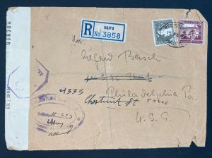 1943 Haifa Palestine Censored Registered cover to Chestnut USA