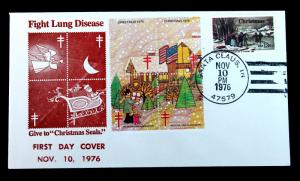 US #1702,WX256 Fight Lung Disease FDC Cover + Xmas Seals Block of 4 1976 og