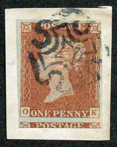 1841 Penny Red (OK) Plate 20 with BLUE Maltese Cross Fine Four Margin