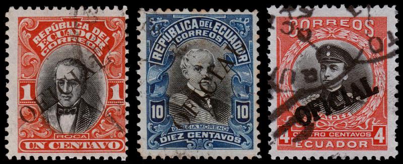 Ecuador Scott O107, O111, O131 (1913, 1916) Used H F-VF, CV $8.90 B