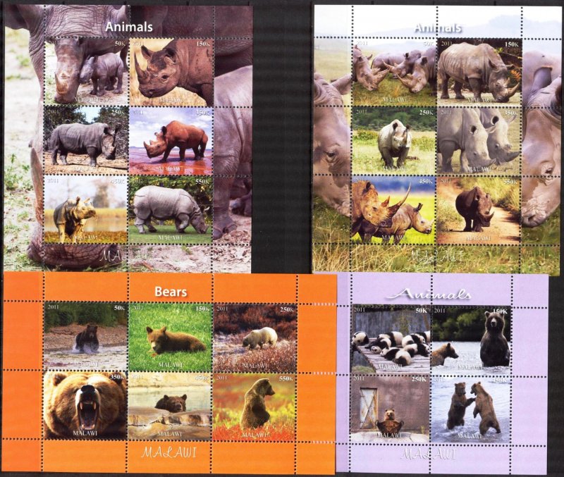 Malawi 2011 Rhinoceros Bears 4 sheets MNH Cinderella {s015}