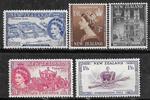 New Zealand # 280-84  QE Coronation 1953 (5) Unused VLH