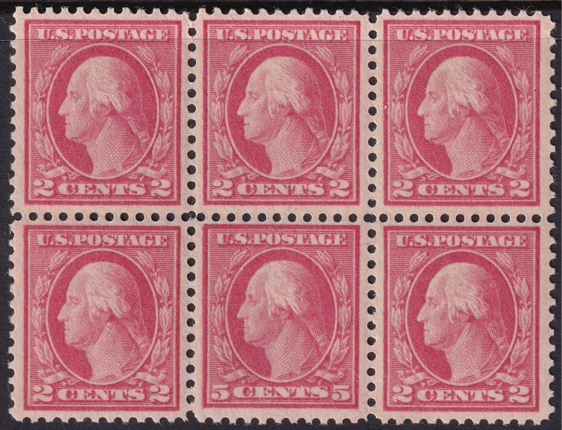 #505 Mint NH, VF, Block of 6, top 3 OG, botton 3 NH including 5c error (CV $8...