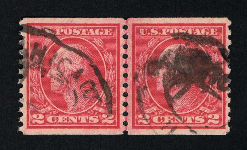 EXCEPTIONAL GENUINE SCOTT #492 USED 1916 COIL LINE PAIR PSE CERT GRADED VF-XF 85