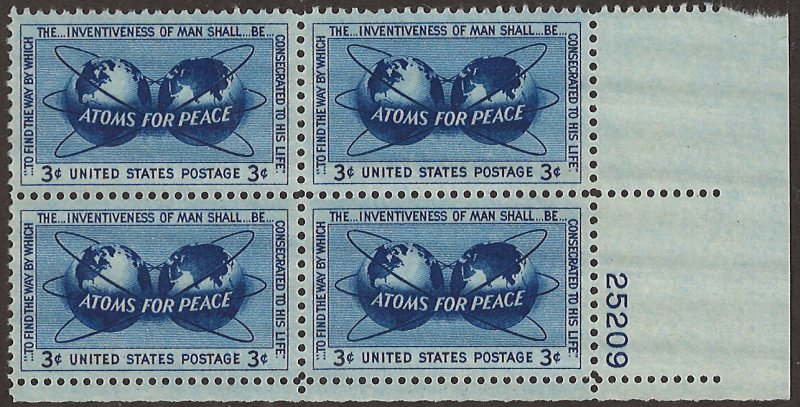 Scott # 1070 1955 3c dp bl  Atomic Emblem & Globes  Plate Block - Lower Right...