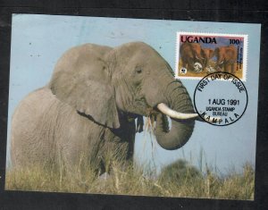 UGANDA COVER(P0201B) 1991 WWF ELEPHANT 100/- FDC ON PPC NOT SENT  #2 