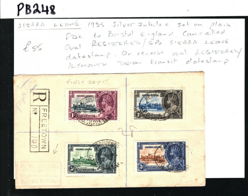 SIERRA LEONE KGV FDC SILVER JUBILEE Set First Day Cover Registered 1935 PB248