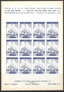 USA  1957 ASDA Stamp Show New York WHOOPING CRANE BIRDS Labels Sheet MNH 8