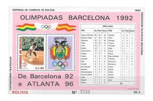 #2278 BOLIVIA 1992, OLYMPIC GAMES BARCELONA 92-ATLANTA 96 S/SHEET MI 201 YV 173