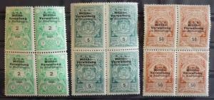 WWI AUSTRIA - MONTENEGRO -REVENUE STAMPS (MNH) - 3 BLOCKS OF 4 R! yugoslavia J20