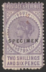 SOUTH AUSTRALIA 1886 QV Postage & Revenue 2/6 mauve SPECIMEN, perf 10. Rare.