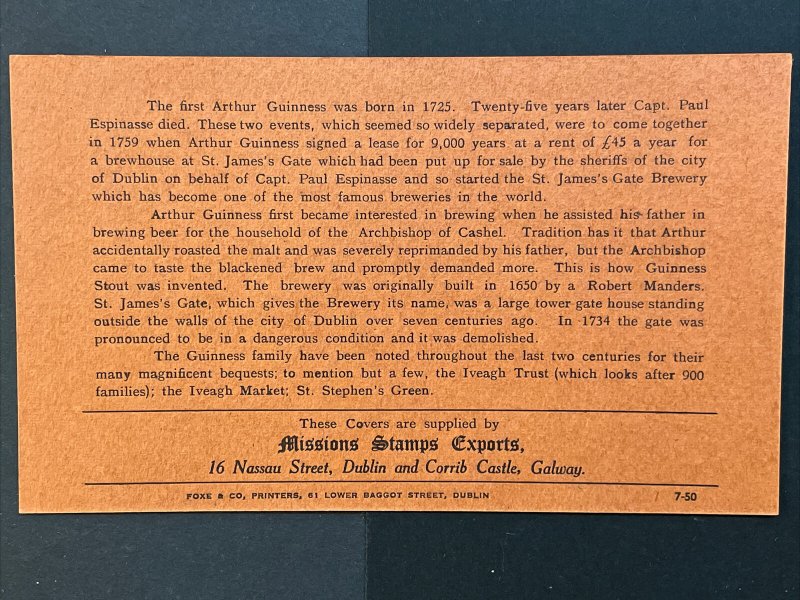 1959 Ireland Arthur Guinness First Day Cover Sc# 171 with Insert, FDC