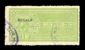 INDIA - TRAVANCORE-COCHIN Revenue Stamp +KERALA O/P R.1/2 Green x4 used examples