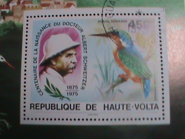 ​UPPER VOLTA-1975 CENTENARY OF DR. ALBERT SCHWEITZER-BIRDS- CTO S/S SHEET VEF