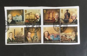 GB 2009. Pioneers of Industrial Revolution. Set of 8 used stamps. Ex FDC onpaper