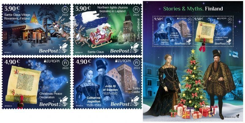 Finland 2022 Stories and Myths Christmas BeePost set of 4 stamps and block MNH