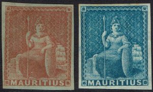 MAURITIUS 1858 BRITANNIA UNISSED (1D) BROWN AND BLUE IMPERF