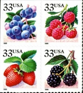 1999 33c Fruit Berries, Block of 4 Scott 3294-3297 Mint F/VF NH