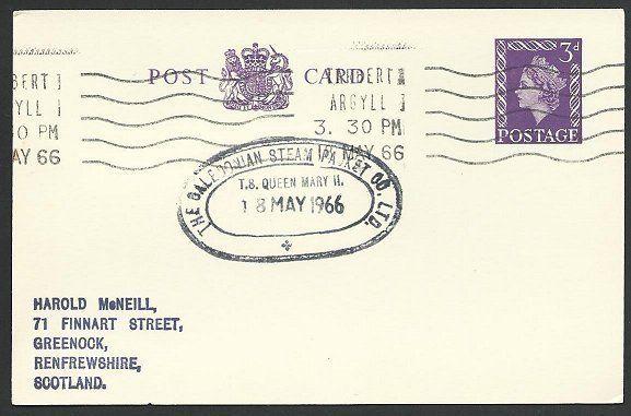 GB SCOTLAND 1966 card Clyde Steamer cachet T.S.QUEEN MARY II..............48235