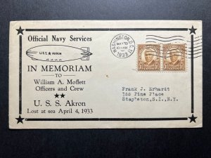 1933 USA Zeppelin Cover USS Akron Crash Memorial Washington DC to Stapleton NY