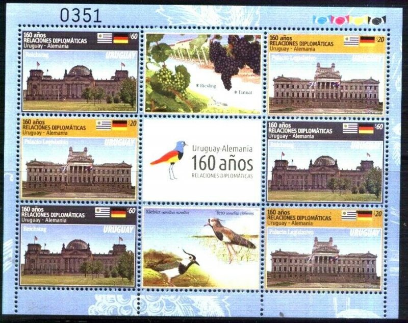 URUGUAY 2016,GERMANY DIPLOMATIC REL.FLAGS,BIRDS,GRAPES,ARCHITECTURE,MINISHEET