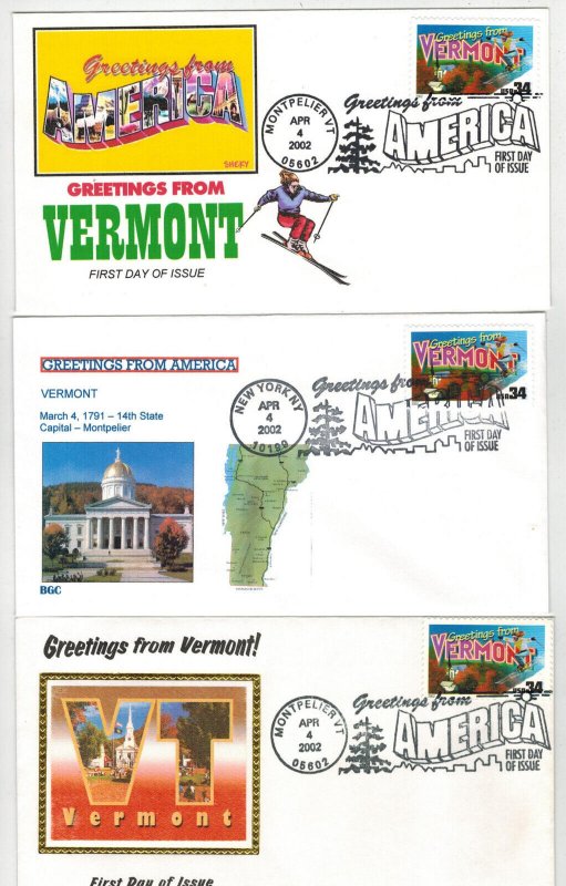 2002 GREETIGNS FROM AMERICA VERMONT SET OF 3 BETTER CACHETED FDCs