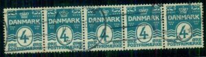 DENMARK #60a, 4ore, p.14x14½, Strip of 5, used, unusual for this, Facit $140.+